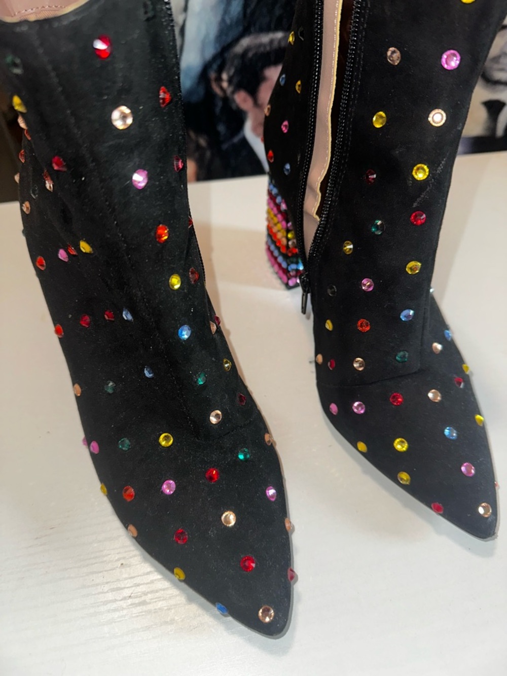 Betsey Johnson Black Suede Rhinestone Pointed Ankle Boots